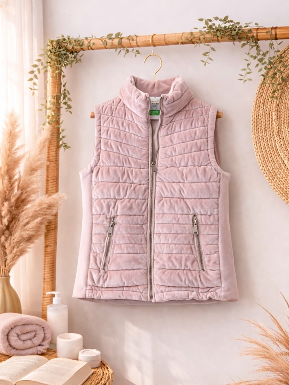 18 Forever Pink Blush Velour Quilted Puffer Vest Zip Front Size Small